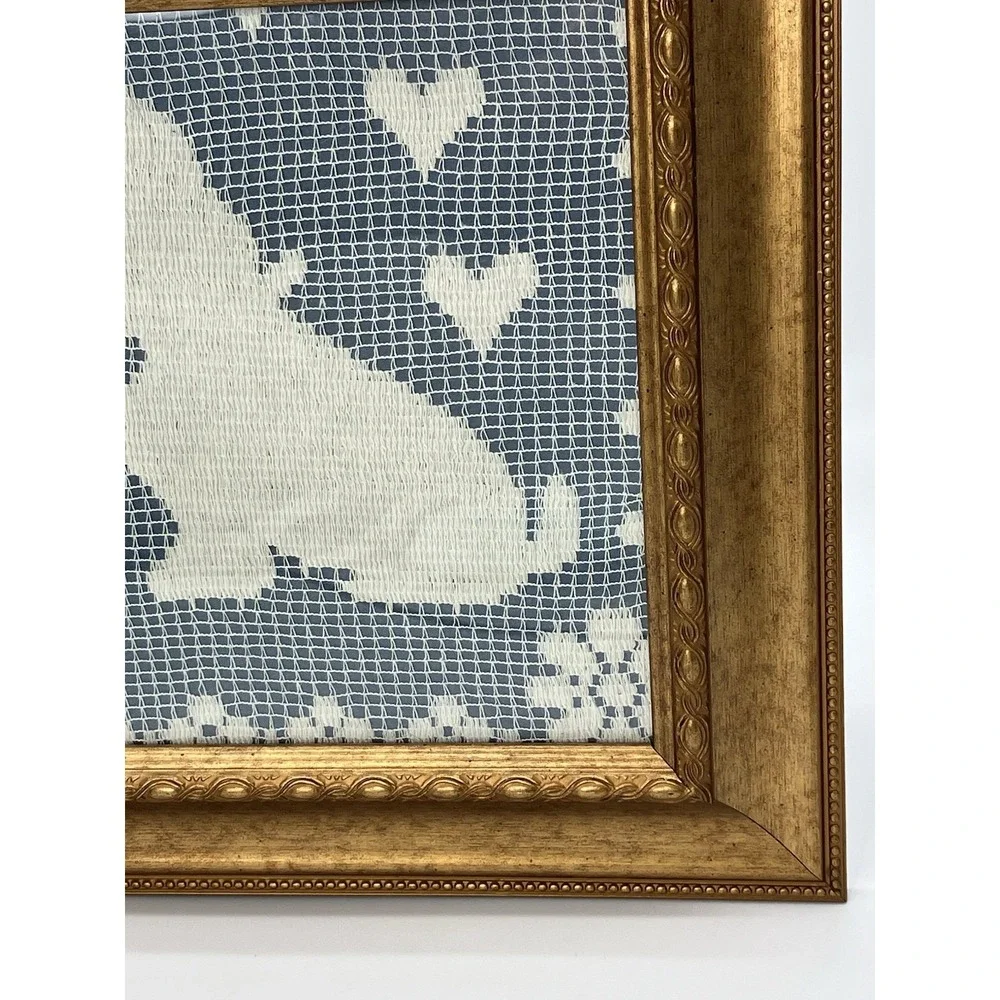 Vtg. Framed Doily Scottie Dog Scottish Terrier Puppy Hearts Wall Hanging Cottage